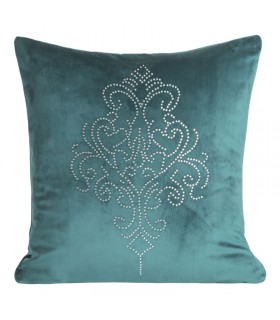 Turquoise Velvet Cushion with Damask Design Decoration in Crystals