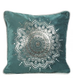 Turquoise Velvet cushion decorated with a Silver print