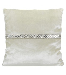 Coussin velours crème décoré de ruban perlé, 40 x 40 cm