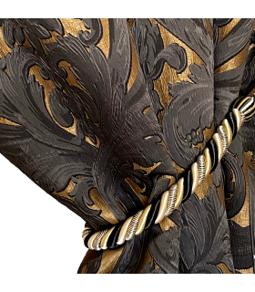 Luxury Jacquard Double Curtain in Gold and Black color, Baroque motive, with gold curtain tassel, coll. Bellezza Black