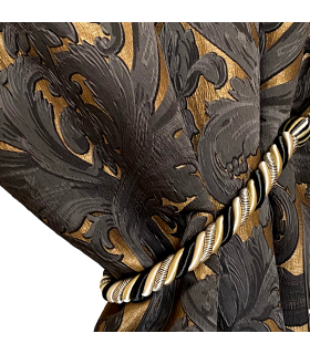 Rideau Double de Luxe en Jacquard de Couleur Or et noir, motif Baroque, avec embrasse Or, coll. Bellezza Noir