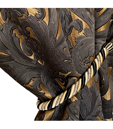 Luxury Jacquard Fabric for Curtain in Gold and Black color, Baroque motive, with gold curtain tassel, coll. Bellezza Black